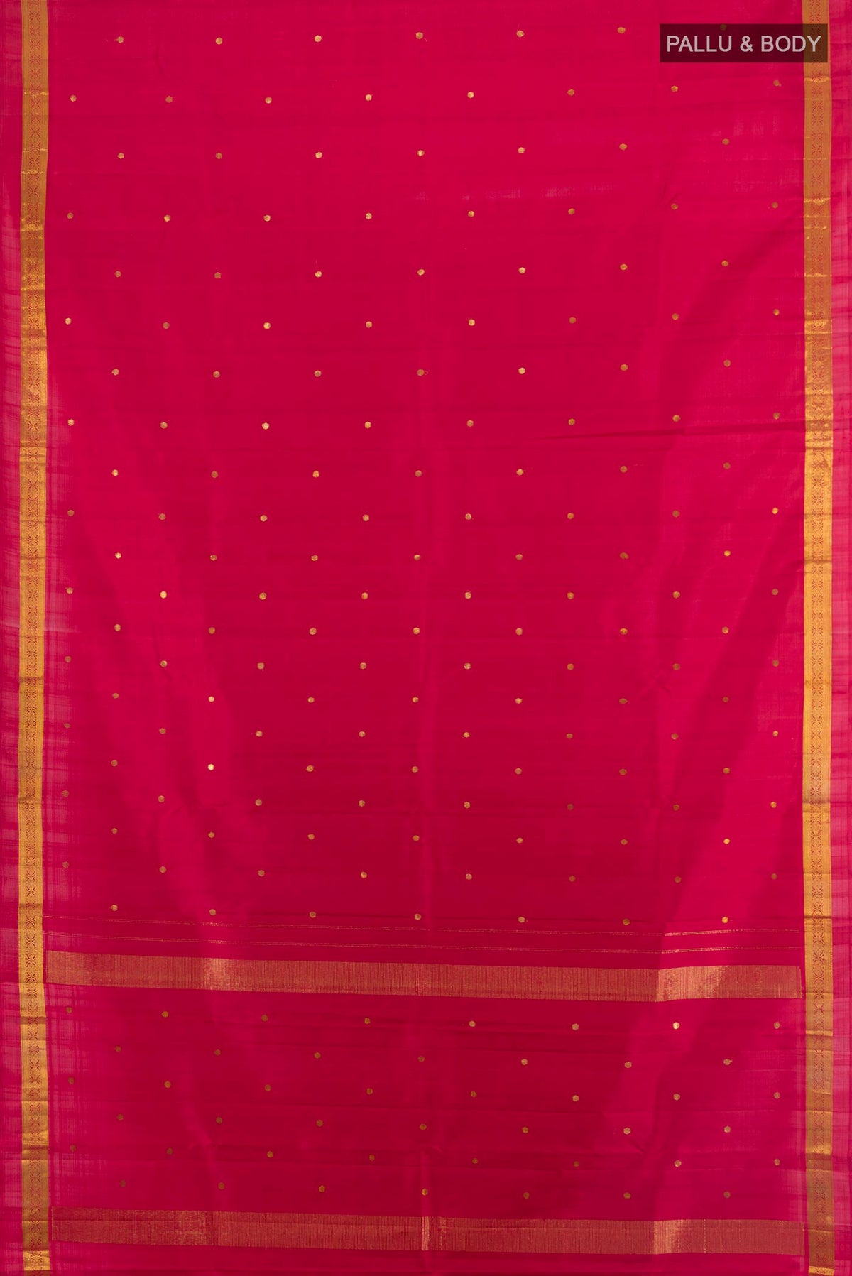 Flat view of Pure Silk Red Kanjivaram Saree with Zari Butta on the body and Zari Border. 