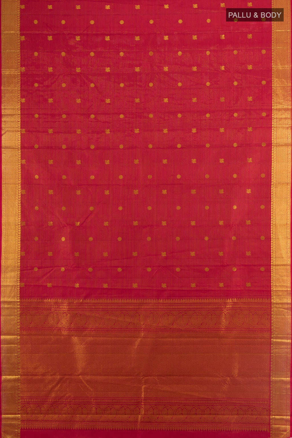 Flat view of Pure Silk Maroon Kanjivaram Saree with Zari Butta on the body and Zari Border. 
