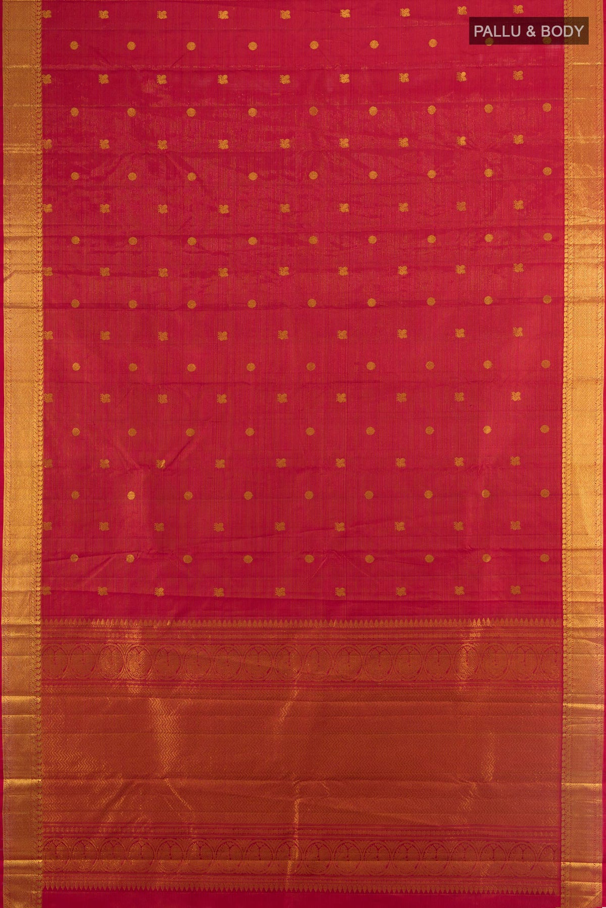 Flat view of Pure Silk Maroon Kanjivaram Saree with Zari Butta on the body and Zari Border. 