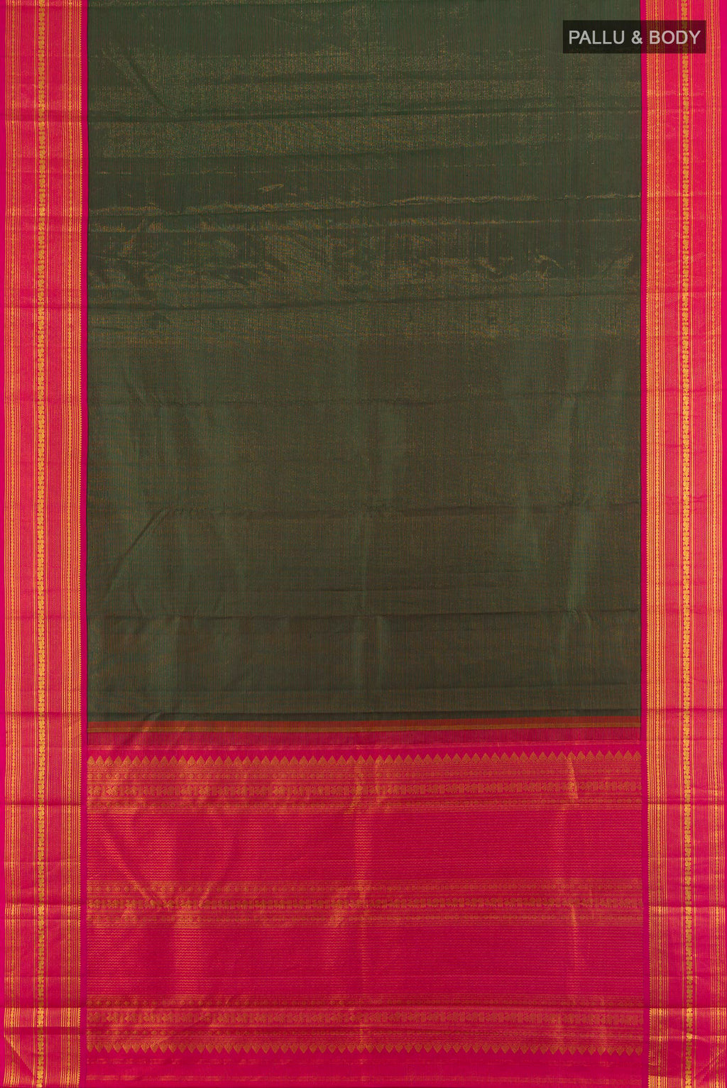 Flat view of Pure Silk Mint Green Kanjivaram Saree with Plain Body and Silk Border. 