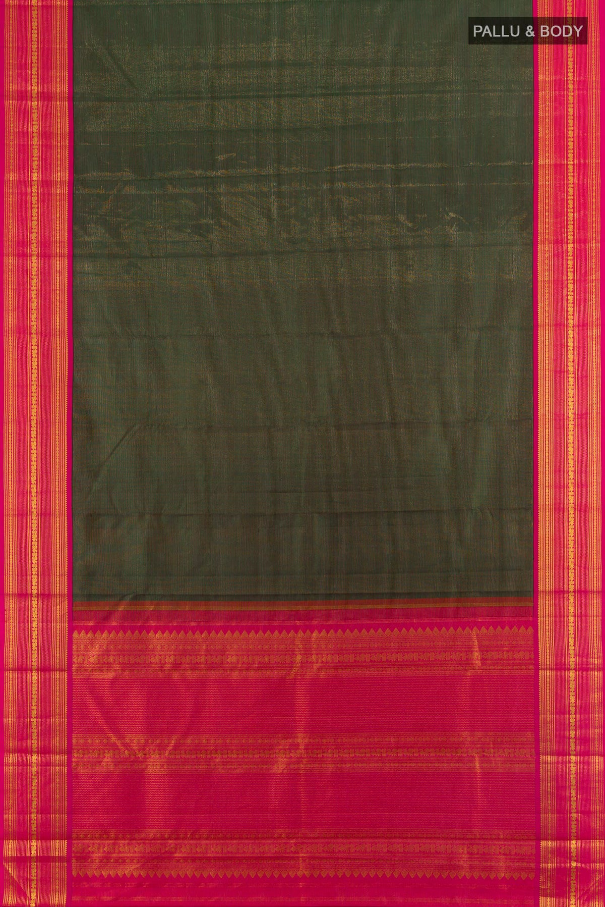 Flat view of Pure Silk Mint Green Kanjivaram Saree with Plain Body and Silk Border. 