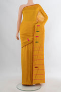 Pure Silk Mustard Kanchipuram Saree with Plain Body and Thread Border.  displayed on a mannequin
