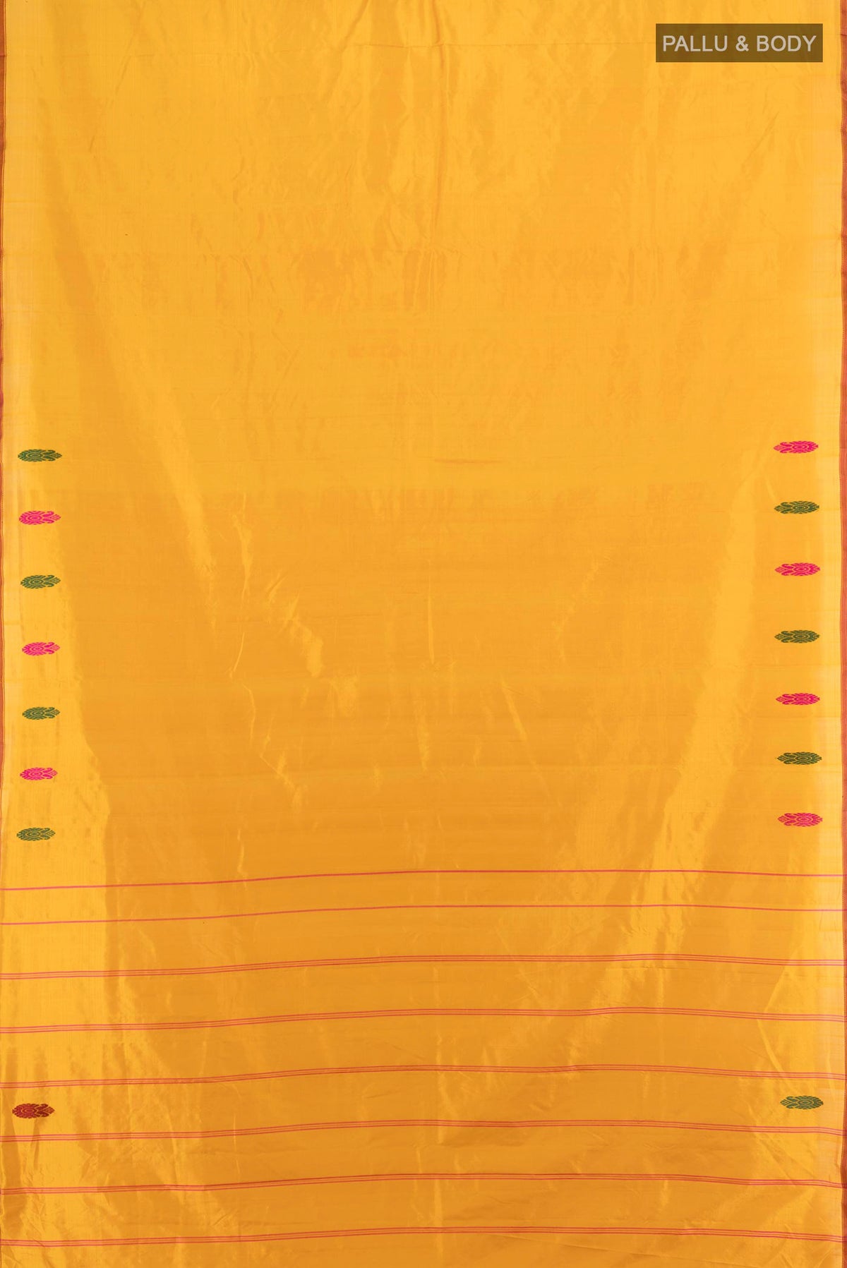Flat view of Pure Silk Mustard Kanchipuram Saree with Plain Body and Thread Border. 