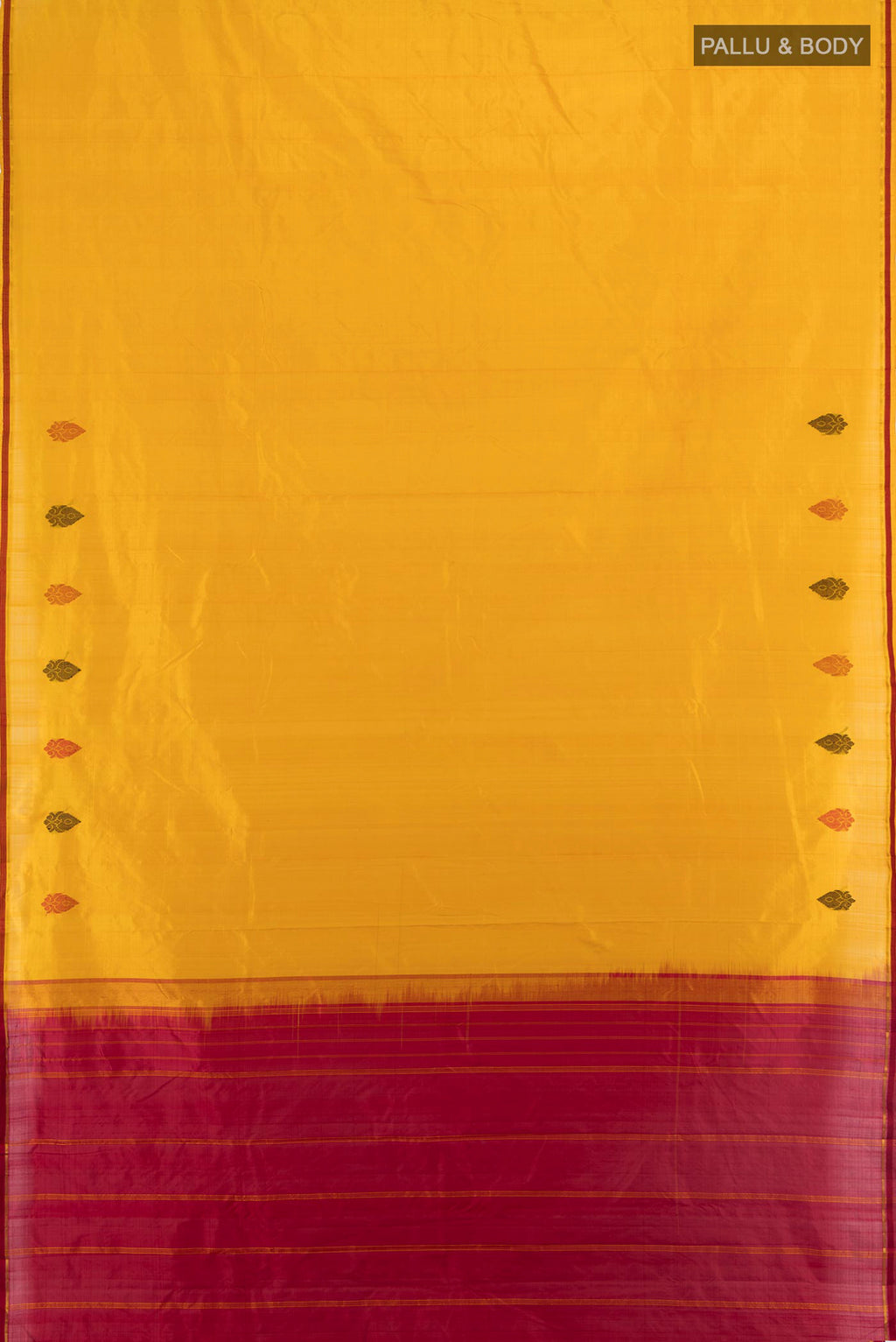 Flat view of Mustard Kanchipuram Silk Saree with Plain Body and Thread Border. 