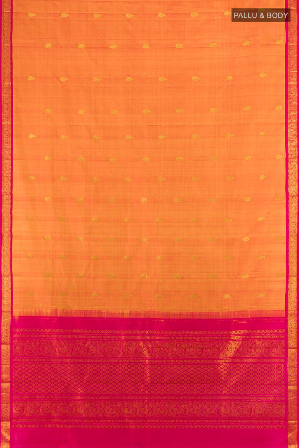 Flat view of Pure Silk Mustard Kanchipuram Saree with Zari Butta on the body and Zari Border. 
