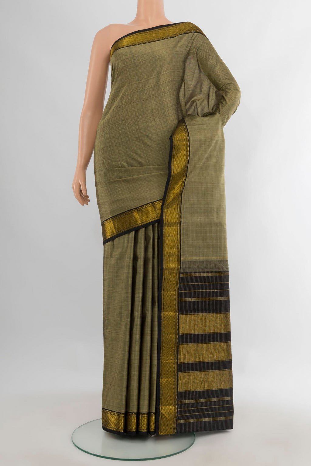 Pure Silk Grey Kanjivaram Saree with Plain Body and Zari Border.  displayed on a mannequin