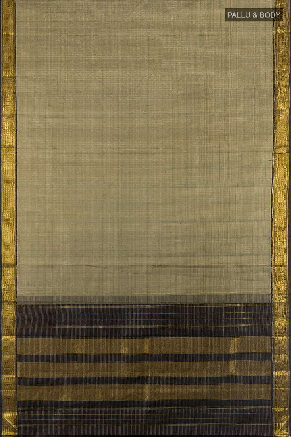 Flat view of Pure Silk Grey Kanjivaram Saree with Plain Body and Zari Border. 