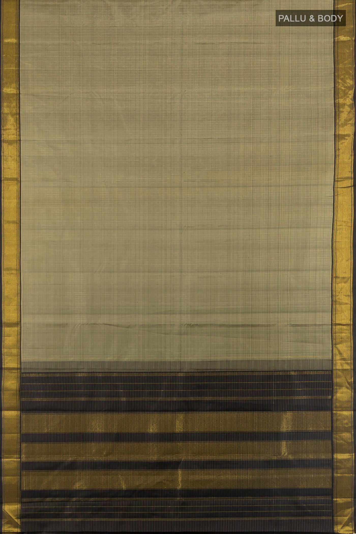 Flat view of Pure Silk Grey Kanjivaram Saree with Plain Body and Zari Border. 