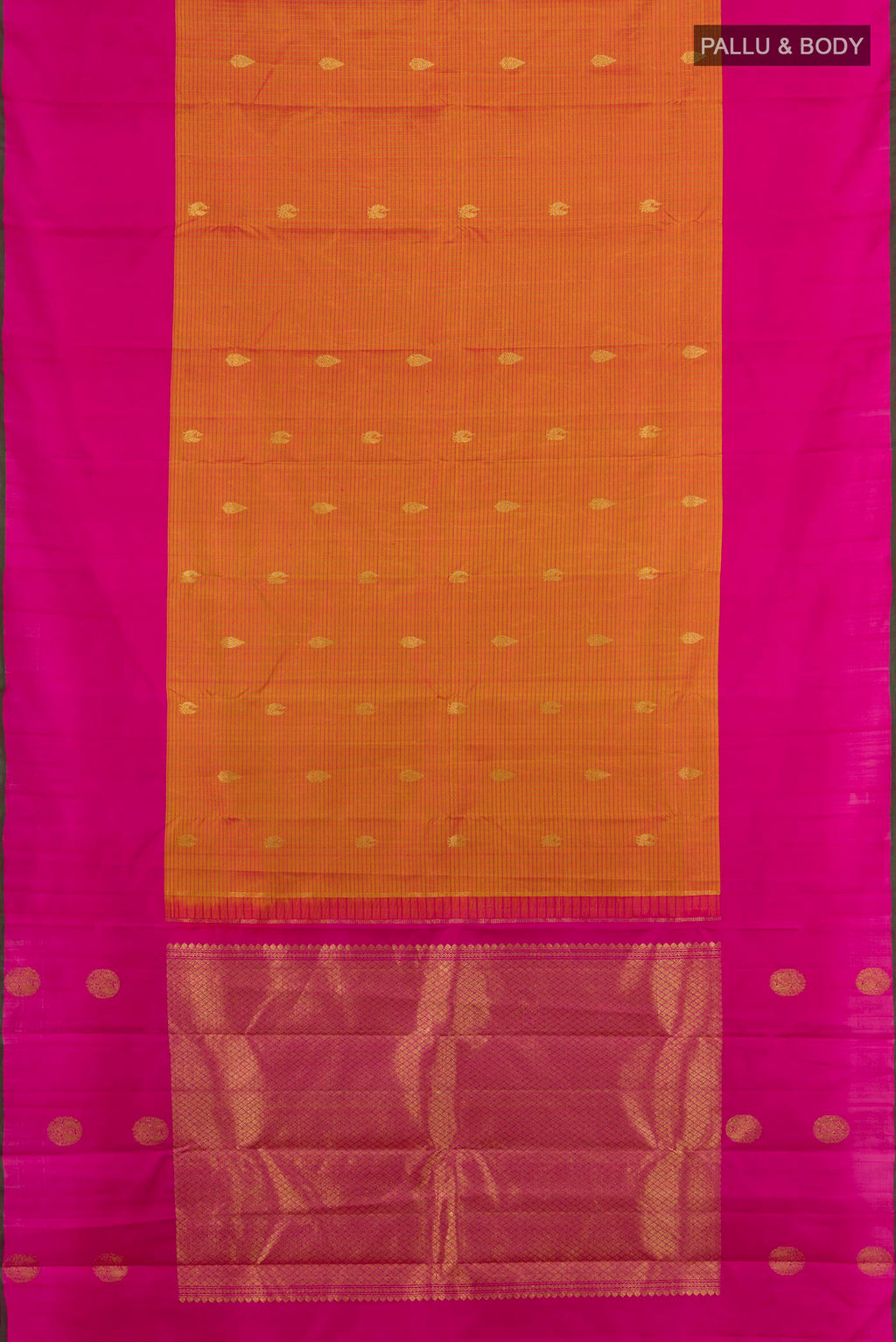 Flat view of Pure Silk Pure Zari Golden Peach Kanjivaram Saree with Zari Butta on the body and Silk Border. 
