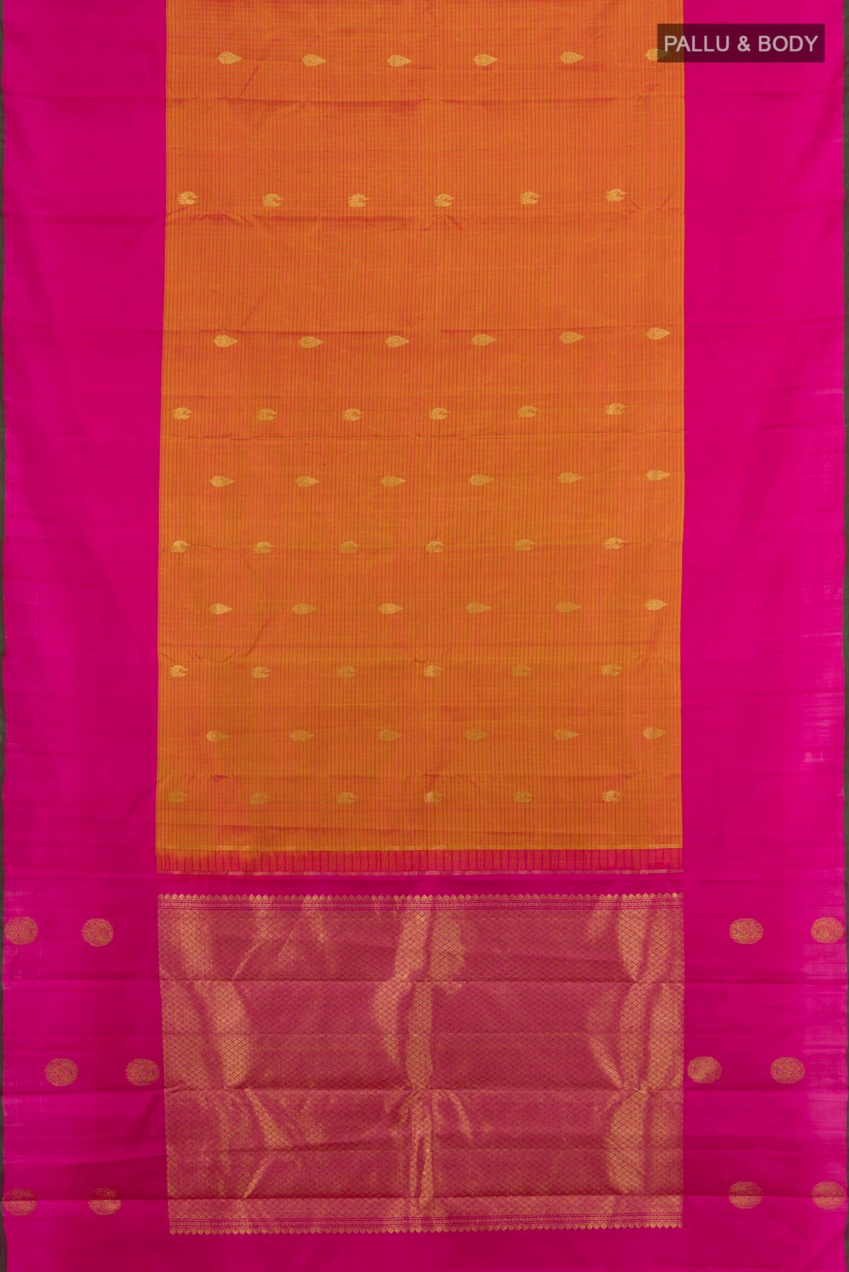 Flat view of Pure Silk Pure Zari Golden Peach Kanjivaram Saree with Zari Butta on the body and Silk Border. 