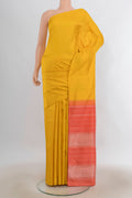 Pure Silk Yellow Kanjivaram Saree with Stripes on the body and Without Border.  displayed on a mannequin