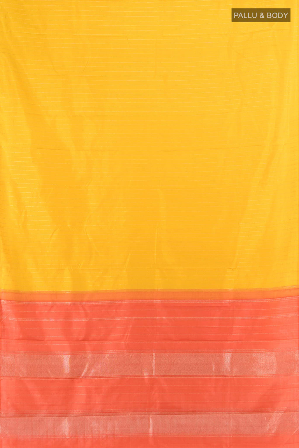 Flat view of Pure Silk Yellow Kanjivaram Saree with Stripes on the body and Without Border. 