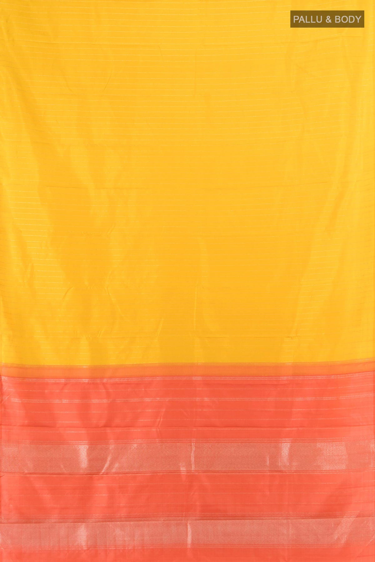 Flat view of Pure Silk Yellow Kanjivaram Saree with Stripes on the body and Without Border. 