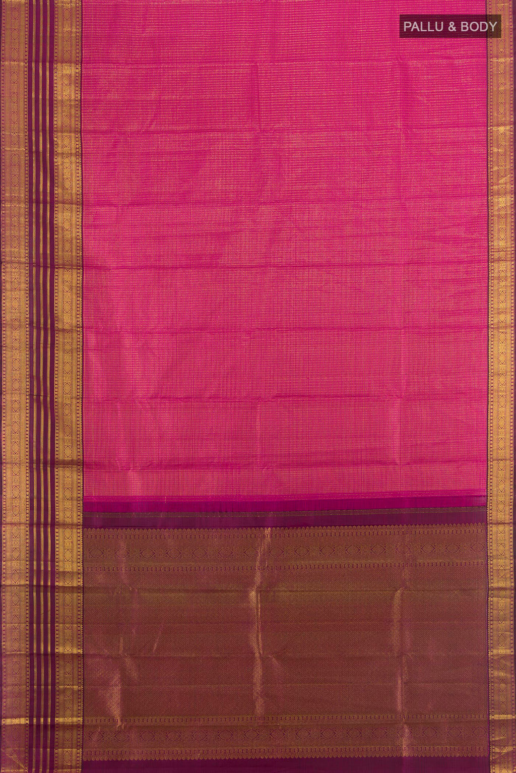 Flat view of Pure Silk Magenta Kanjivaram Saree with Plain Body and Silk Border. 