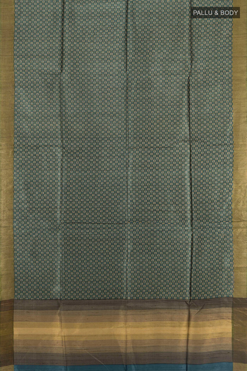 Flat view of Multi Color Tussar Silk Saree with Floral Print on the body and Silk Border. 