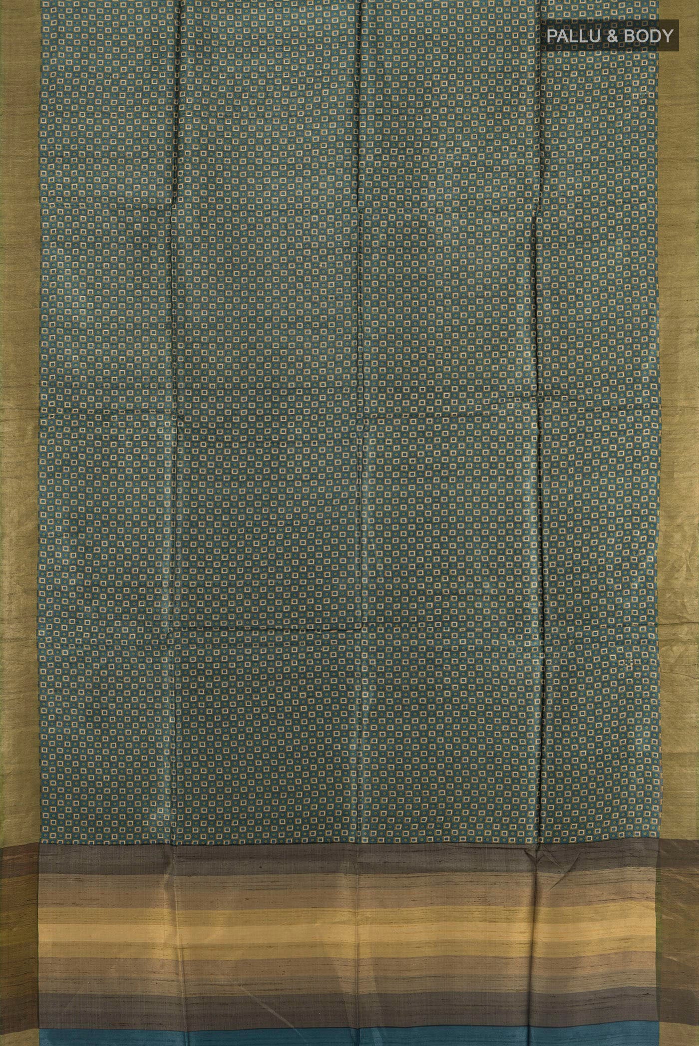 Flat view of Multi Color Tussar Silk Saree with Floral Print on the body and Silk Border. 