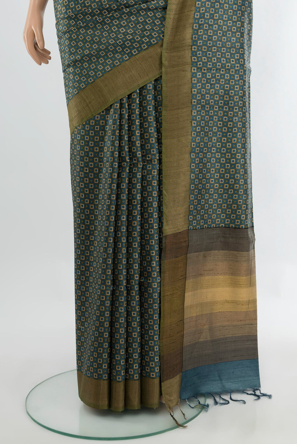 Pleats and pallu of Multi Color Tussar Silk Saree with Floral Print on the body and Silk Border. 