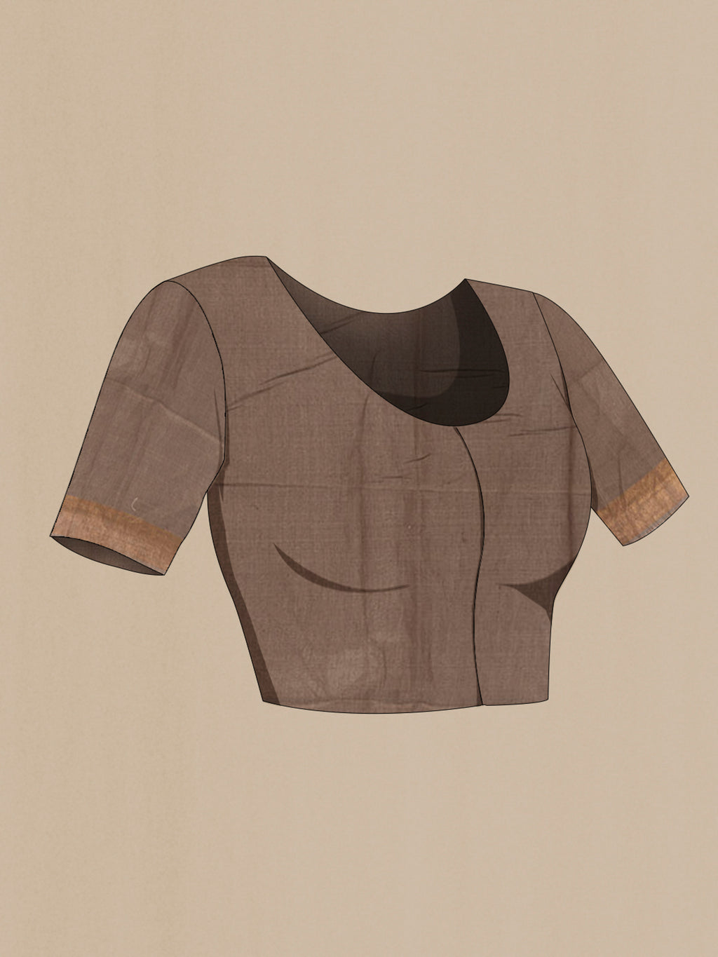 Close up image of the blouse of Mustard Tussar Saree with Printed design on the body and Zari Border. 