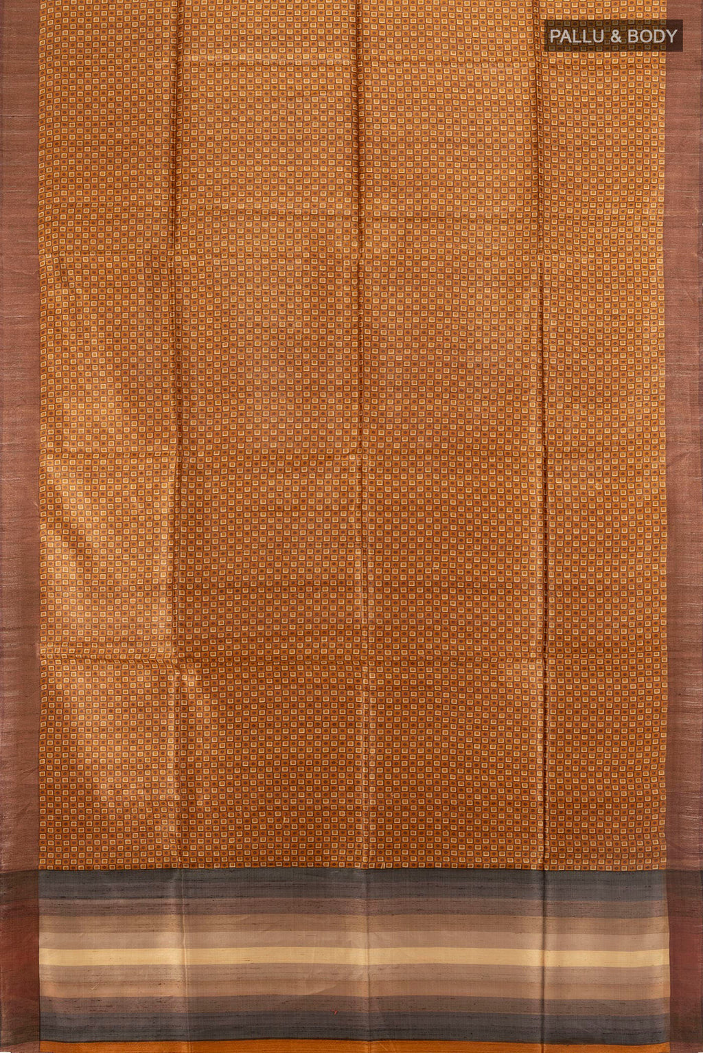 Flat view of Mustard Tussar Saree with Printed design on the body and Zari Border. 