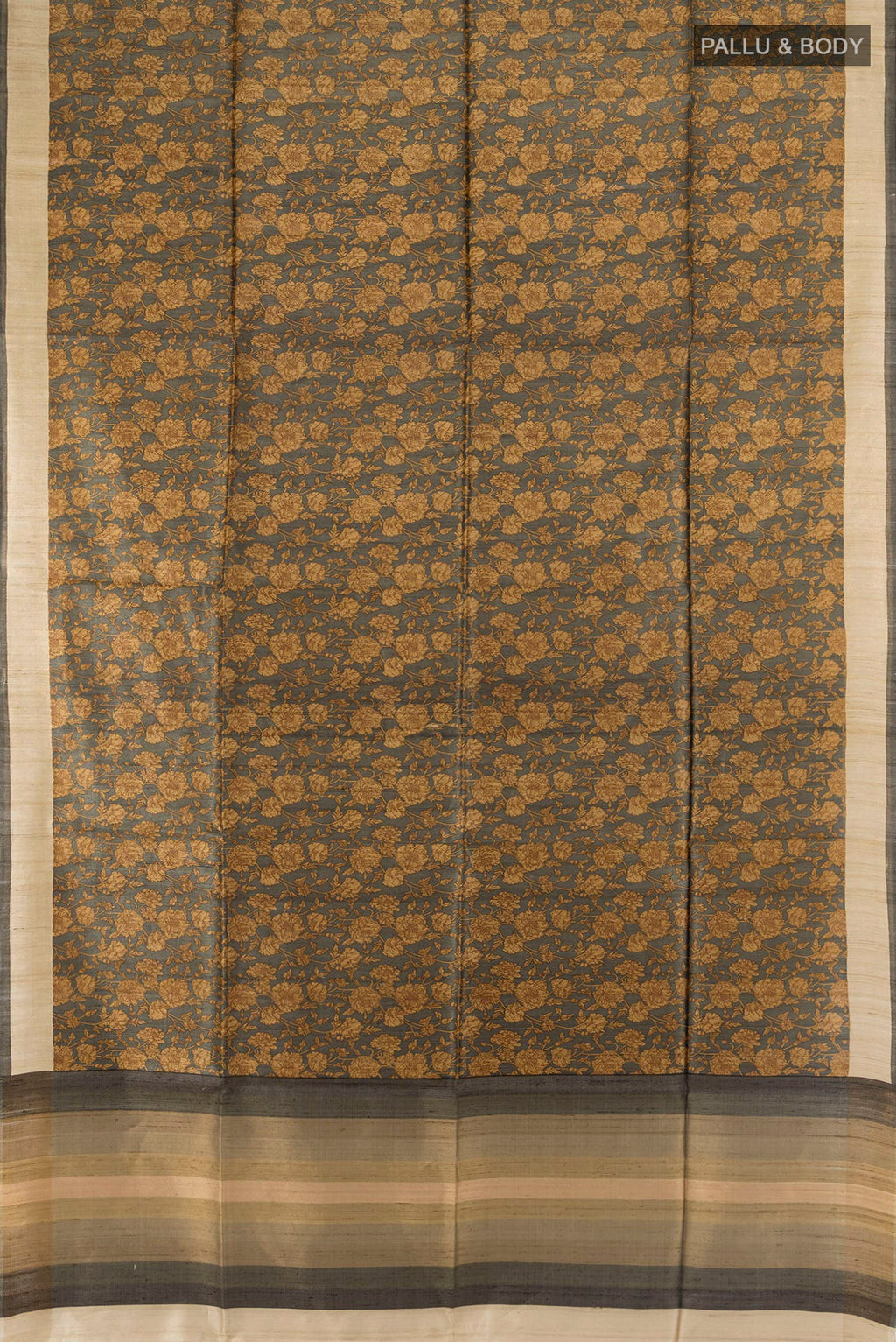 Flat view of Brown Tussar Saree with Floral Print on the body and Zari Border. 