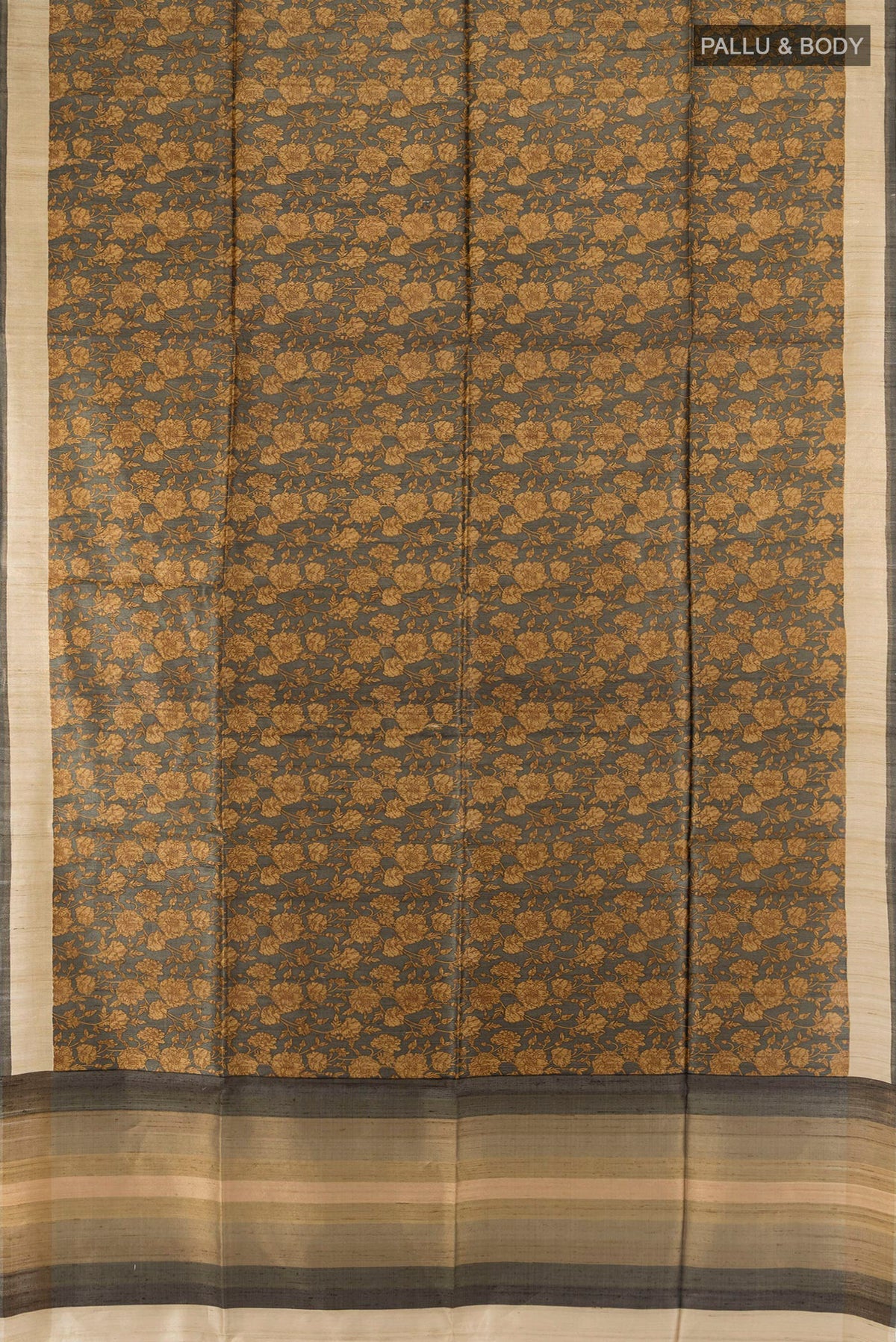Flat view of Brown Tussar Saree with Floral Print on the body and Zari Border. 