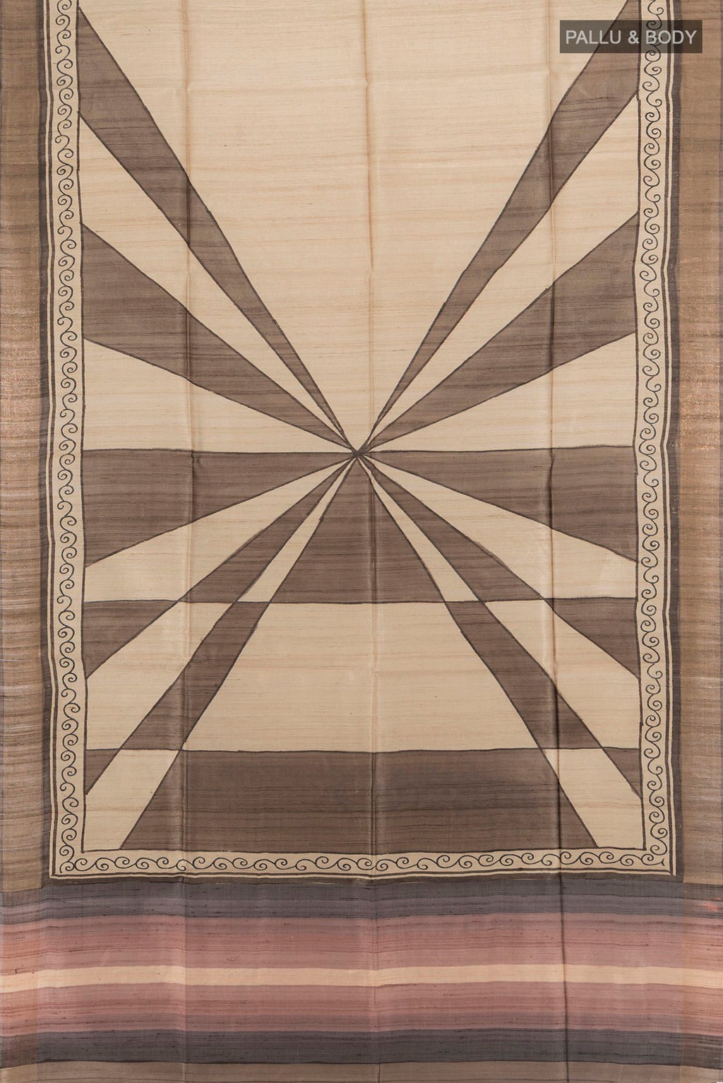 Flat view of Beige Tussar Saree with Printed design on the body and Zari Border. 
