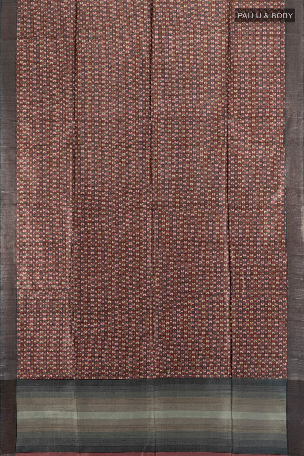 Flat view of Brown Tussar Saree with Printed design on the body and Zari Border. 
