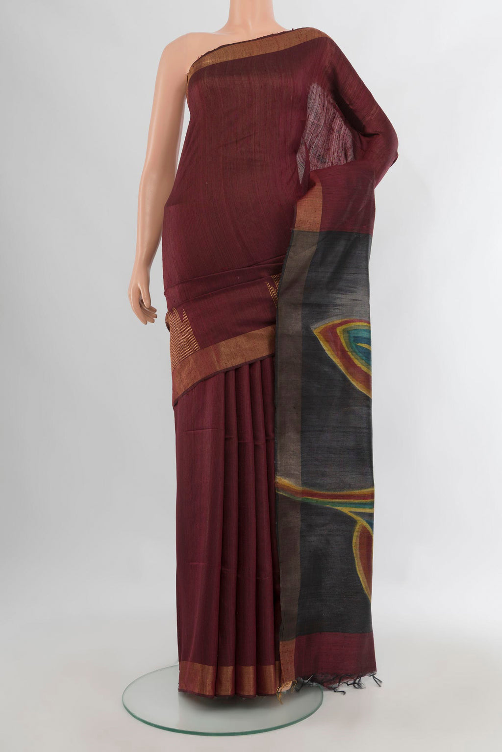 Pure Silk Brown Tussar Saree with Plain Body and Zari Border.  displayed on a mannequin