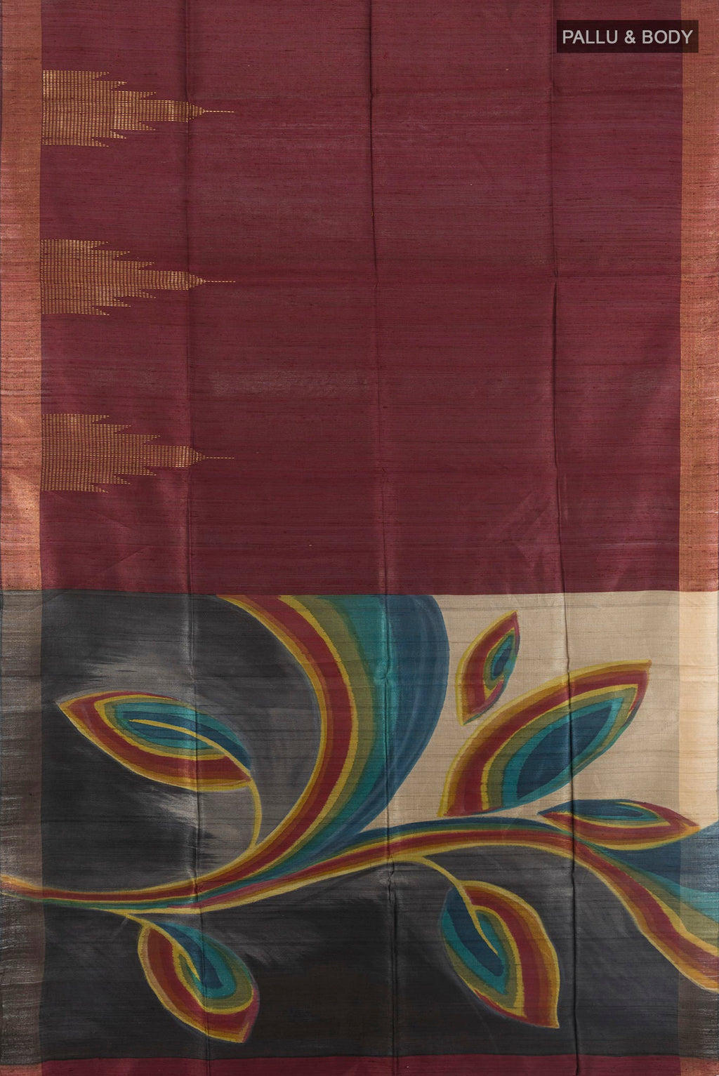 Flat view of Pure Silk Brown Tussar Saree with Plain Body and Zari Border. 