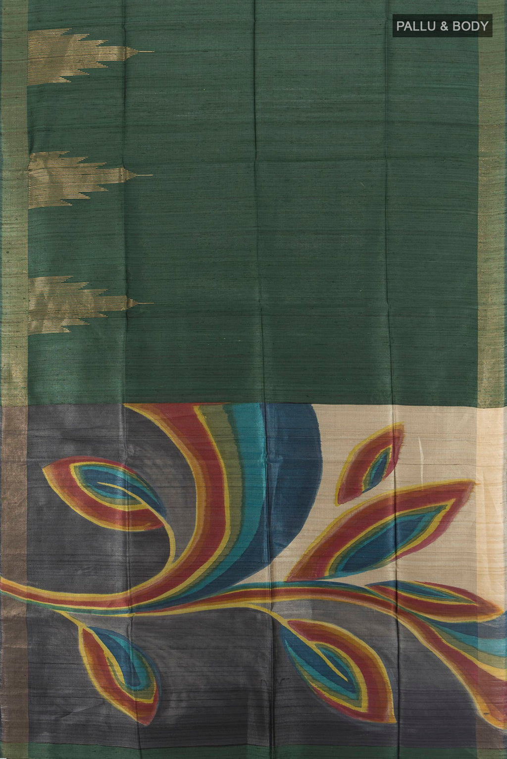 Flat view of Pure Silk Bottle Green Tussar Saree with Floral Print on the body and Zari Border. 