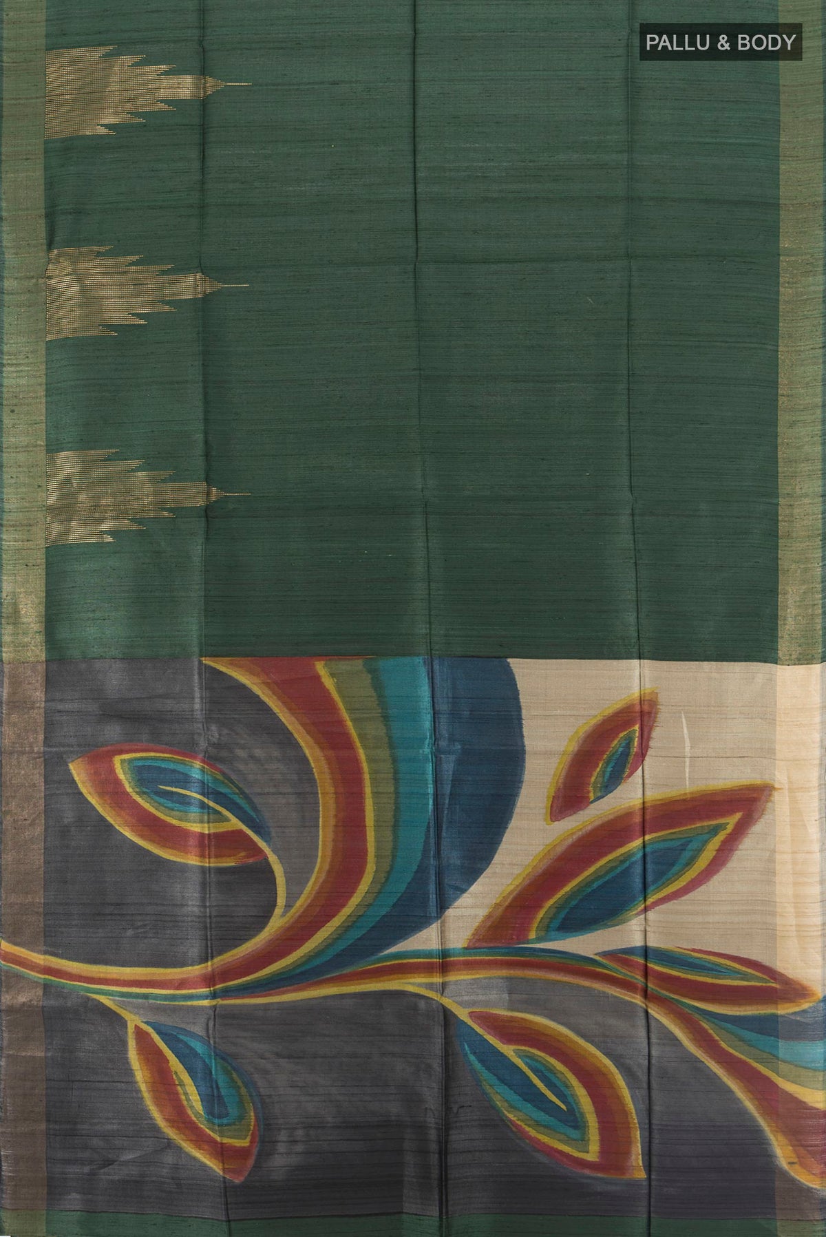 Flat view of Pure Silk Bottle Green Tussar Saree with Floral Print on the body and Zari Border. 