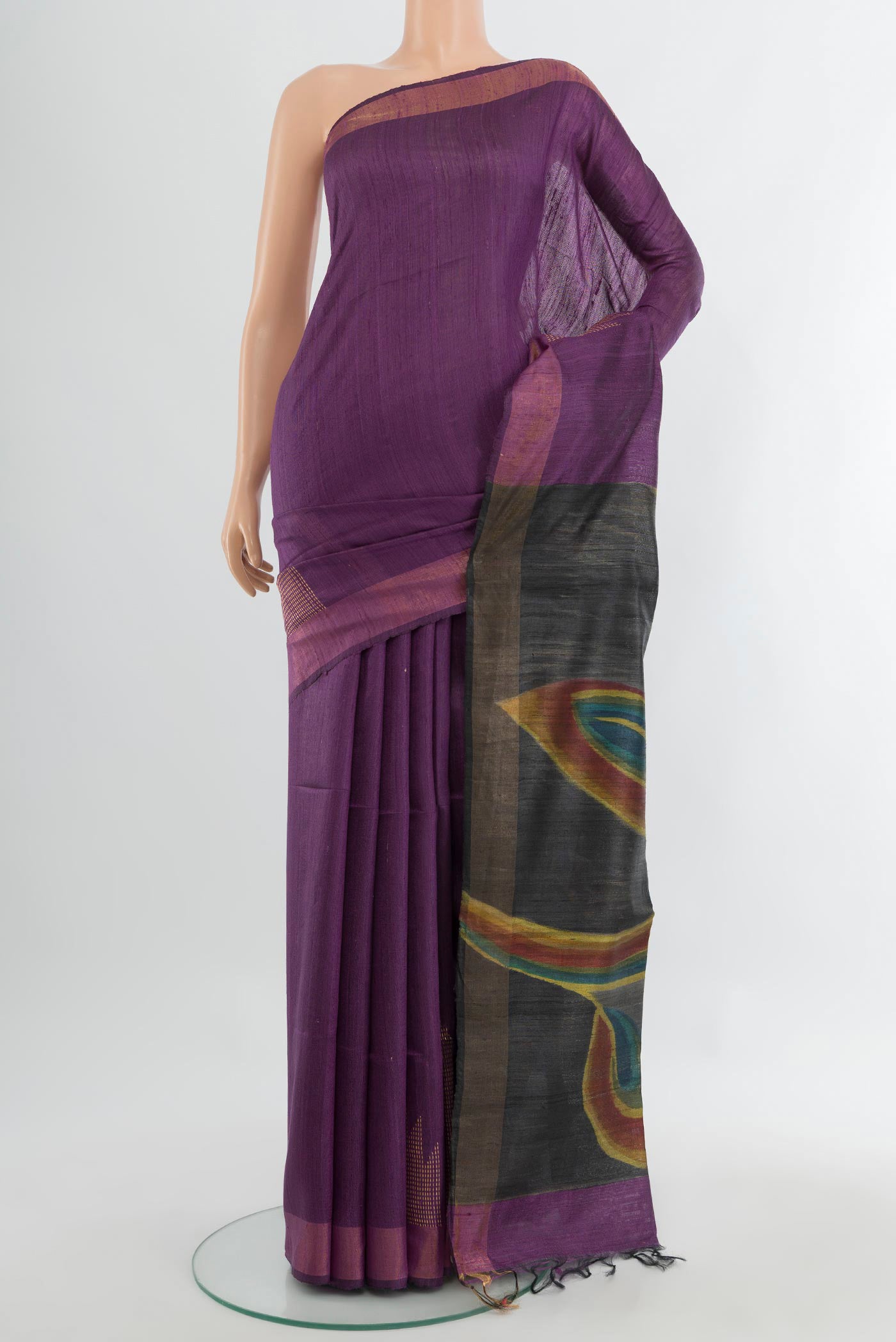 Multi Color Tussar Silk Saree with Floral Print on the body and Silk Border.  displayed on a mannequin