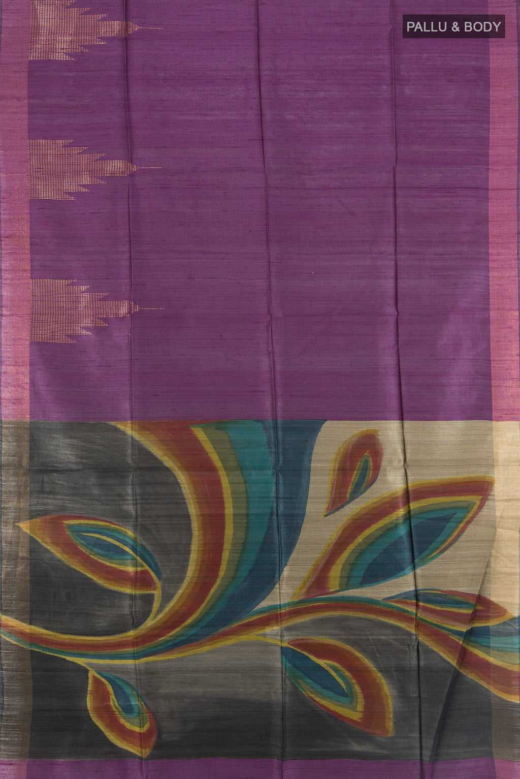 Flat view of Multi Color Tussar Silk Saree with Floral Print on the body and Silk Border. 