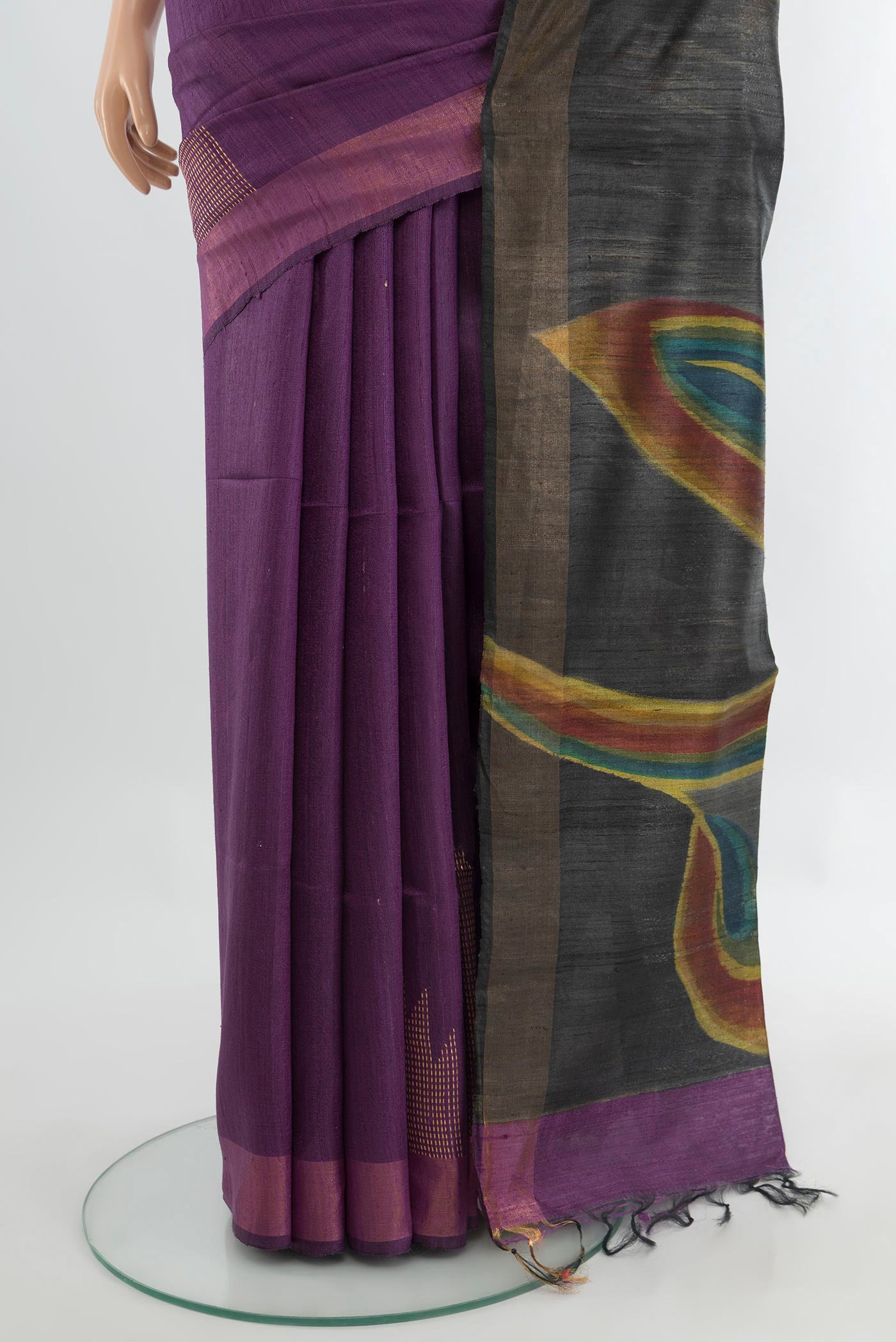 Pleats and pallu of Multi Color Tussar Silk Saree with Floral Print on the body and Silk Border. 