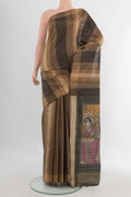 Beige Tussar Saree with Stripes on the body and Zari Border.  displayed on a mannequin
