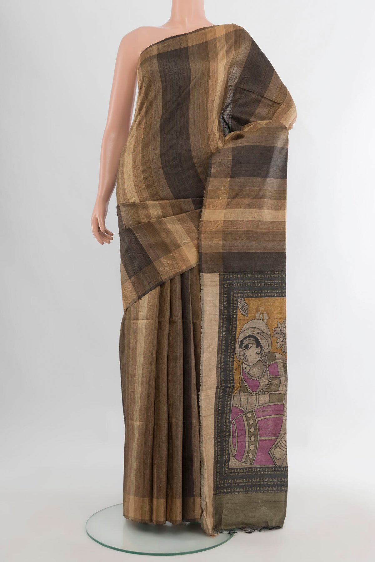 Beige Tussar Saree with Stripes on the body and Zari Border.  displayed on a mannequin