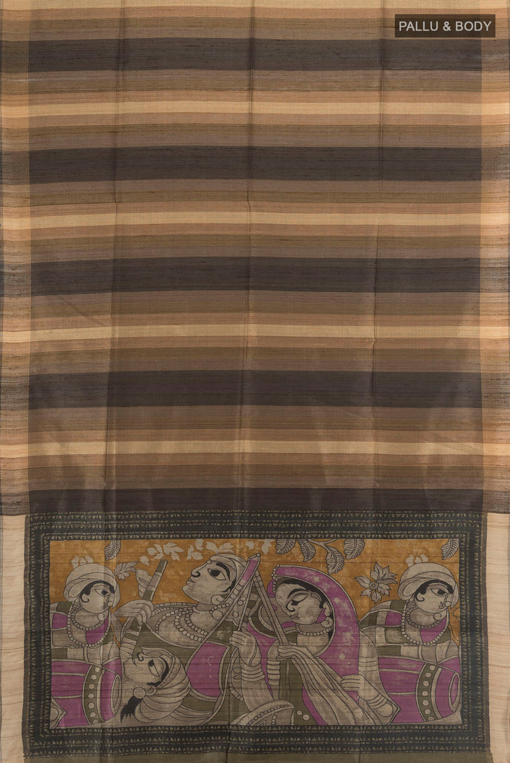 Flat view of Beige Tussar Saree with Stripes on the body and Zari Border. 