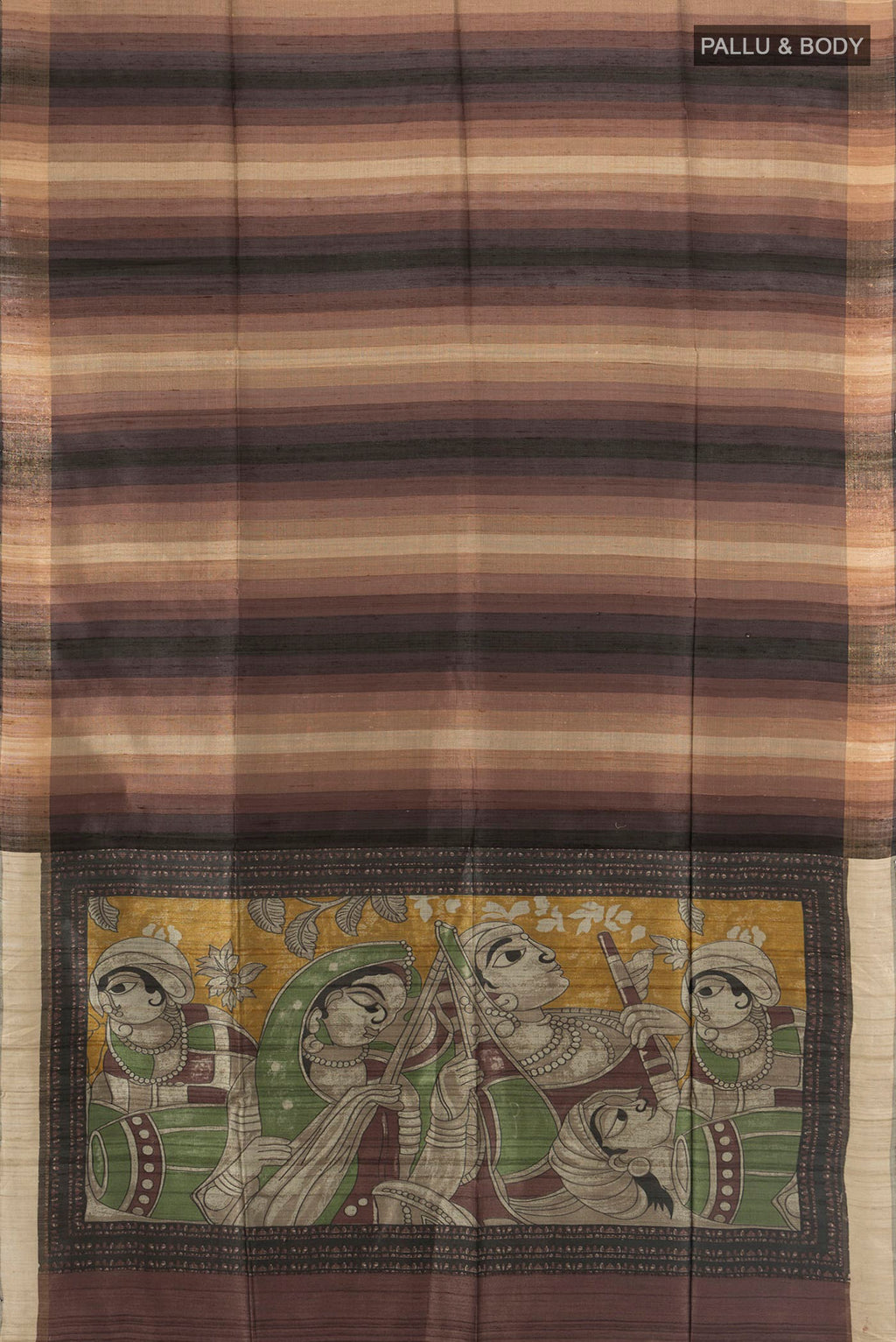 Flat view of Brown Tussar Saree with Stripes on the body and Zari Border. 