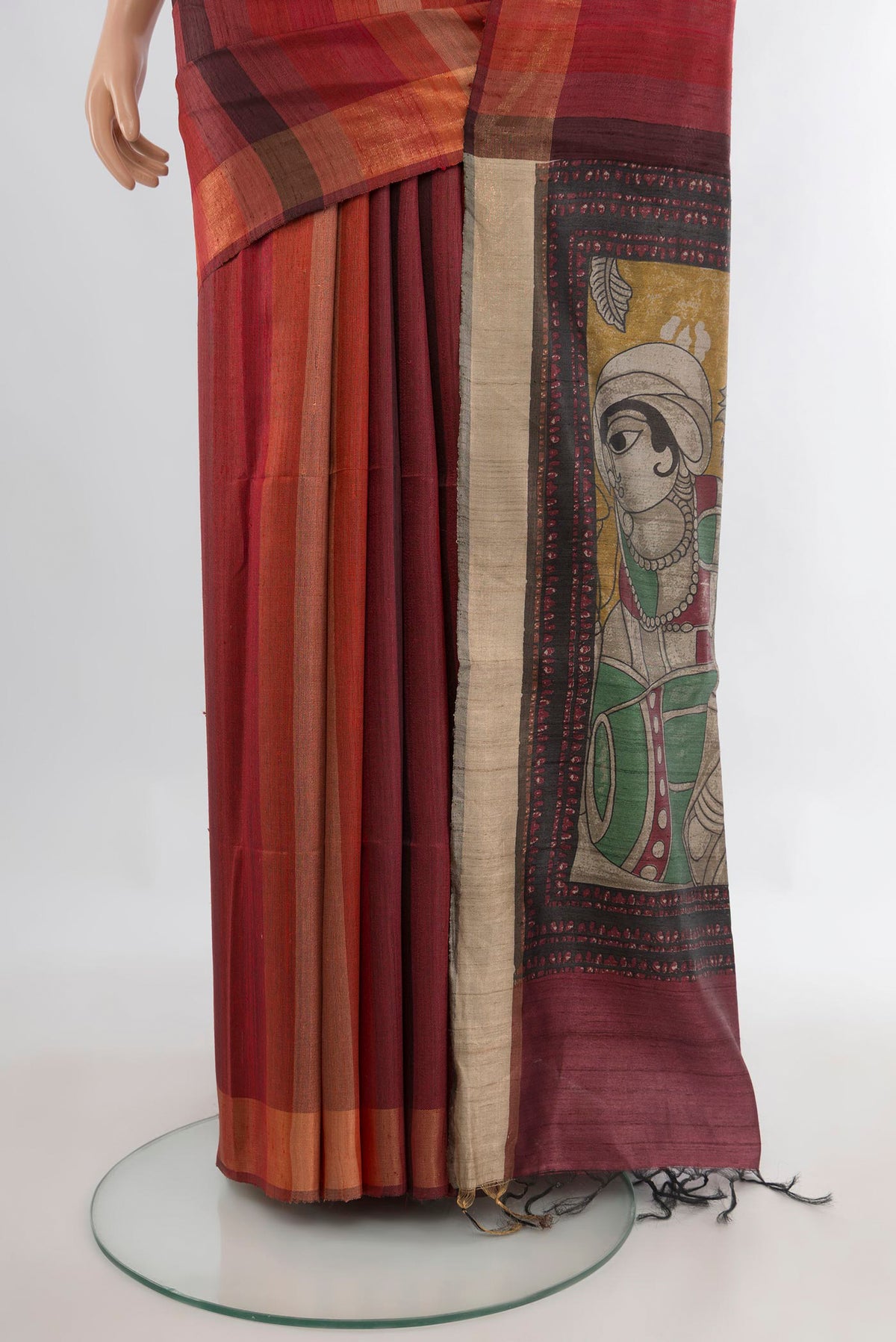 Pleats and pallu of Multi Color Tussar Saree with Stripes on the body and Zari Border. 