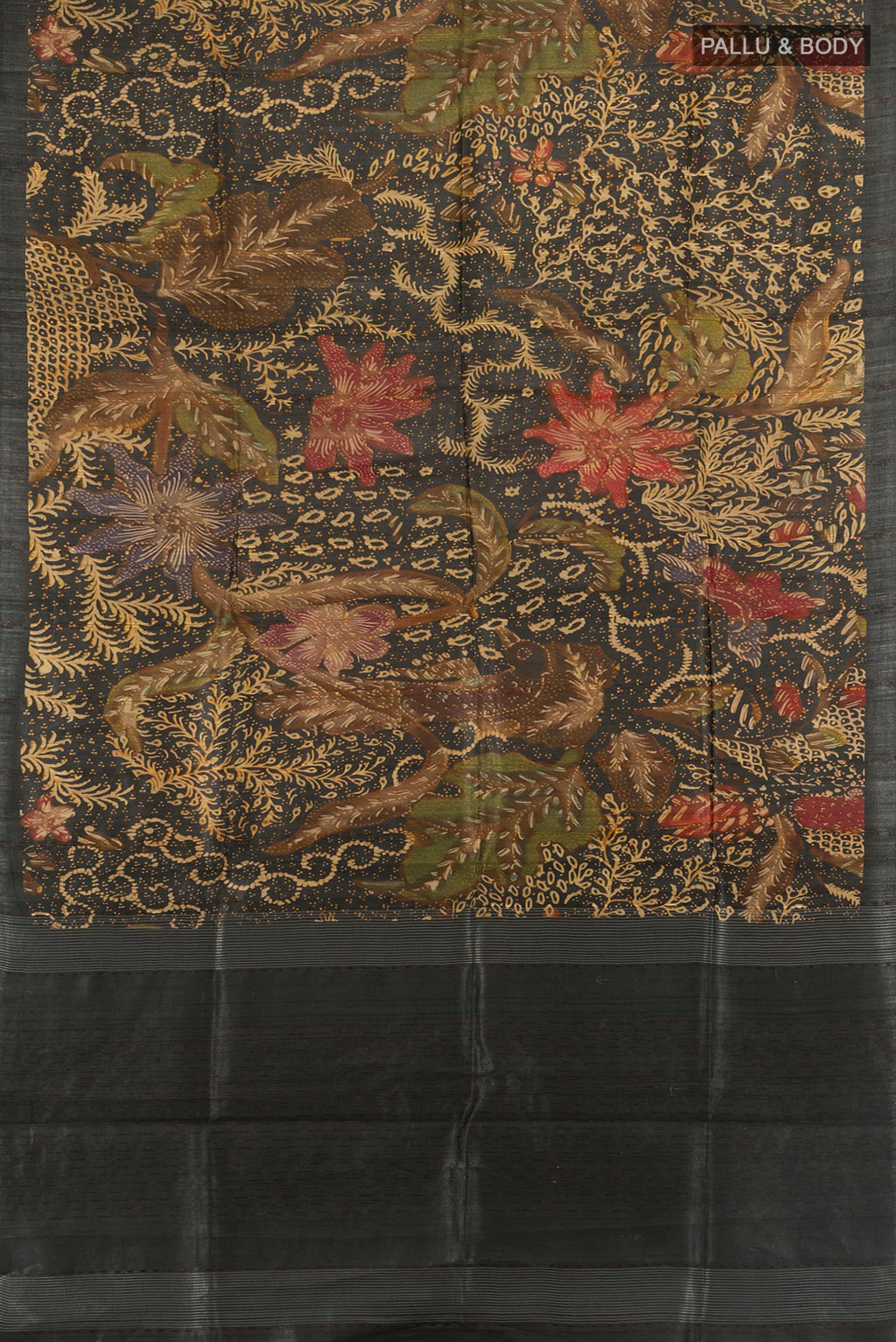 Flat view of Bottle Green Tussar Saree with Floral Print on the body and Plain Border. 