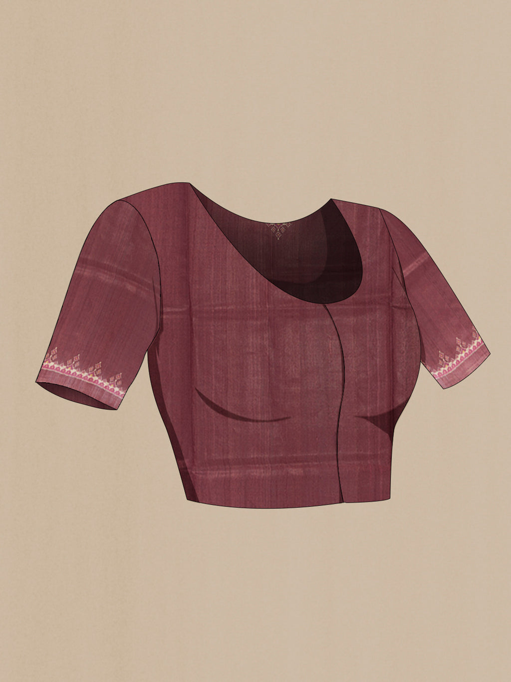 Close up image of the blouse of Brown Tussar Saree with Floral Print on the body and Printed Border. 