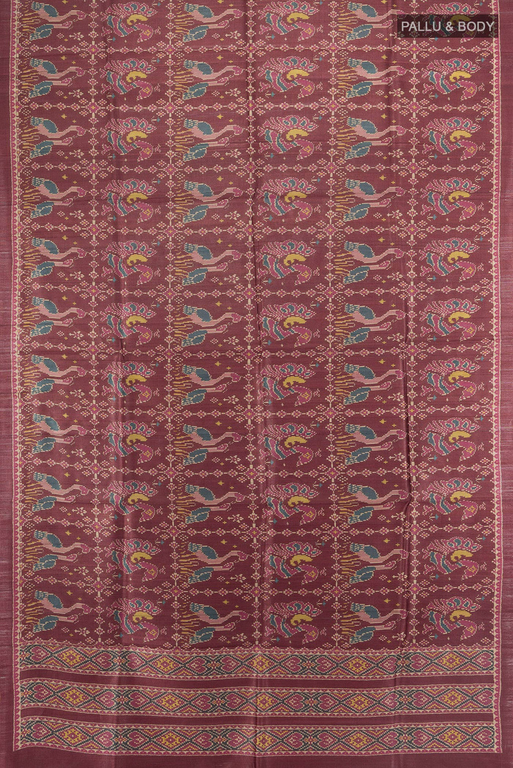Flat view of Brown Tussar Saree with Floral Print on the body and Printed Border. 