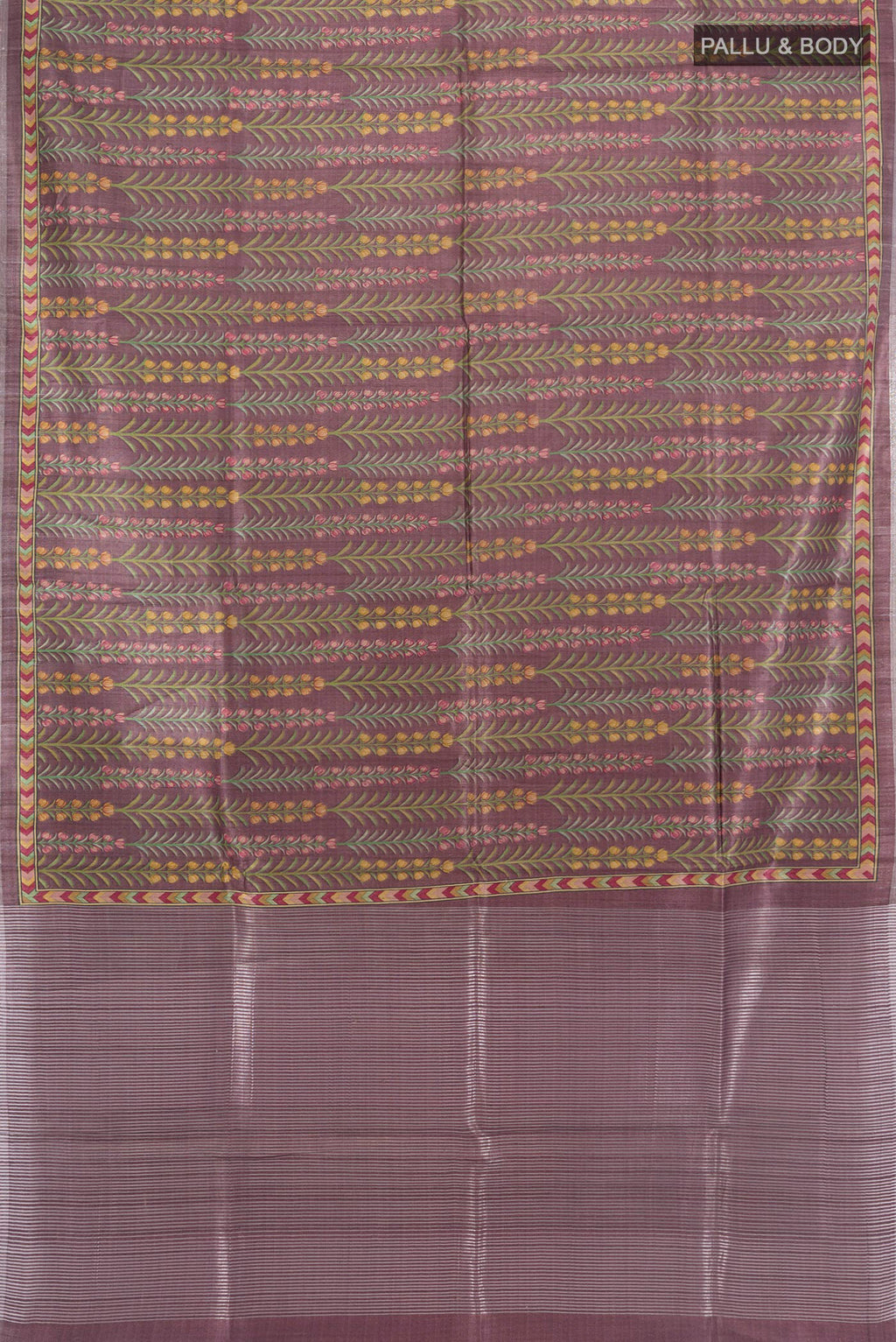 Flat view of Mauve Tussar Saree with Printed design on the body and Printed Border. 