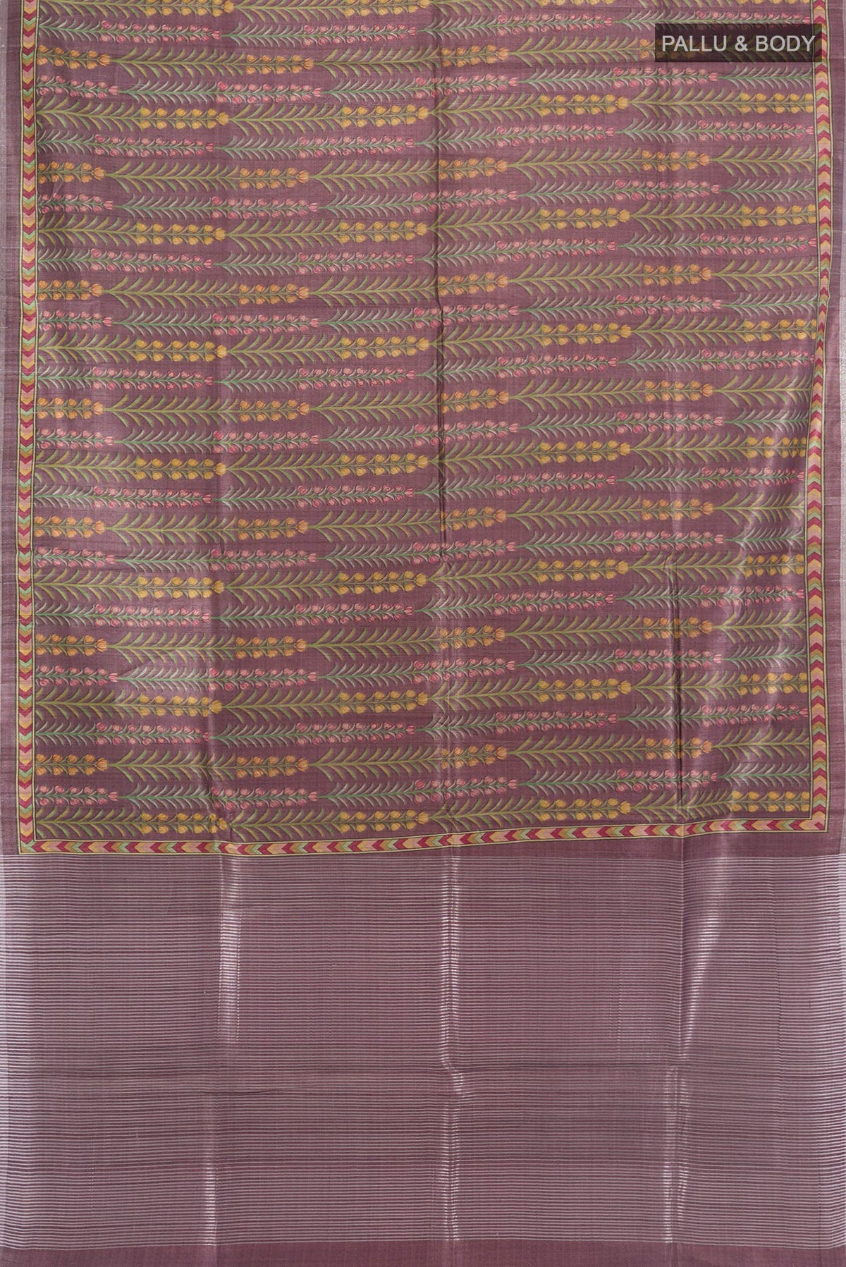 Flat view of Mauve Tussar Saree with Printed design on the body and Printed Border. 