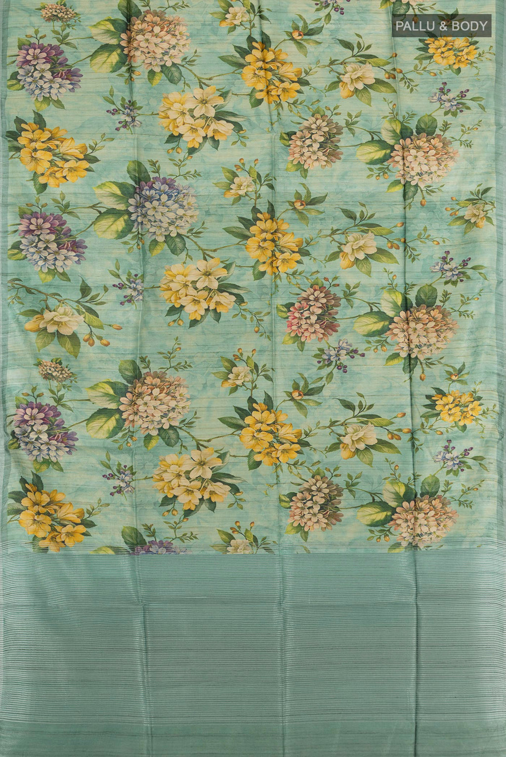 Flat view of Multi Color Tussar Silk Saree with Floral Print on the body and Silk Border. 