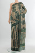 Multi Color Tussar Silk Saree with Floral Print on the body and Silk Border.  displayed on a mannequin