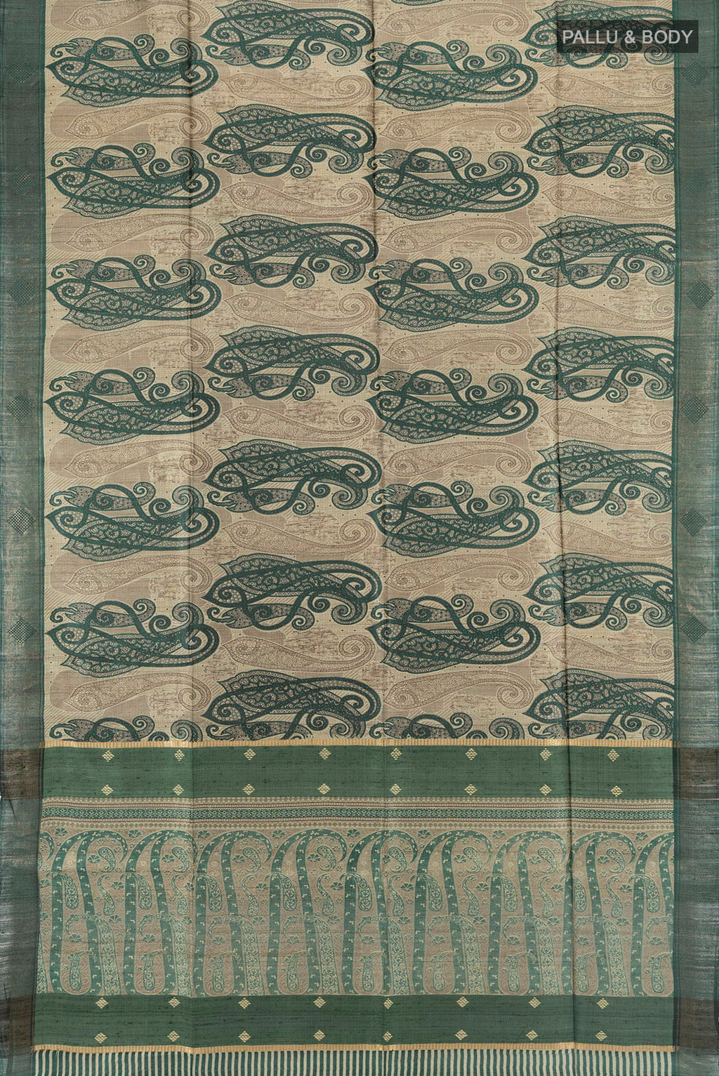 Flat view of Multi Color Tussar Silk Saree with Floral Print on the body and Silk Border. 