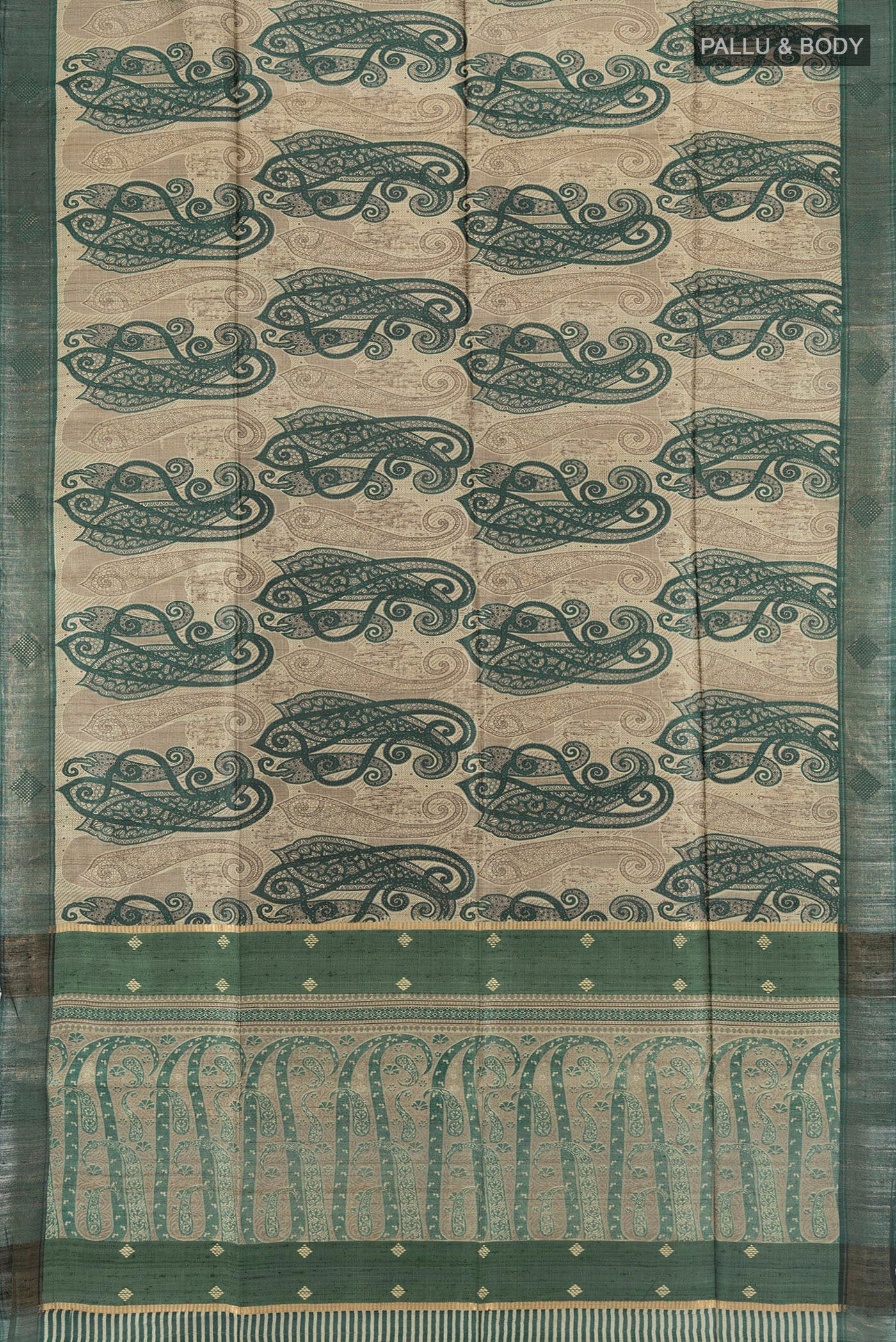 Flat view of Multi Color Tussar Silk Saree with Floral Print on the body and Silk Border. 
