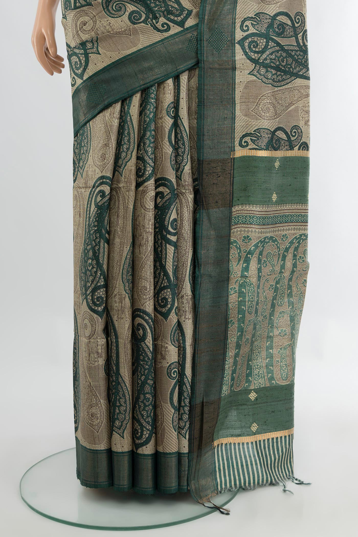 Pleats and pallu of Multi Color Tussar Silk Saree with Floral Print on the body and Silk Border. 