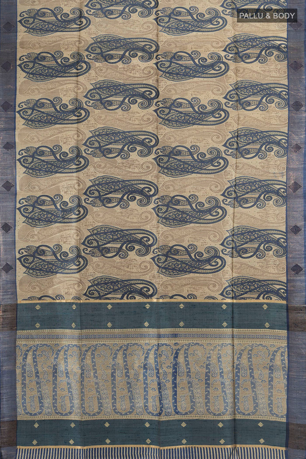 Flat view of Beige Tussar Saree with Floral Print on the body and Zari Border. 
